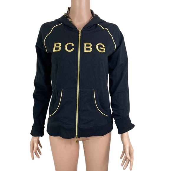 BCBGMaxazria Sweat Jacket Womens Large Black Gold Embroidered Spellout Full Zip - Picture 1 of 11